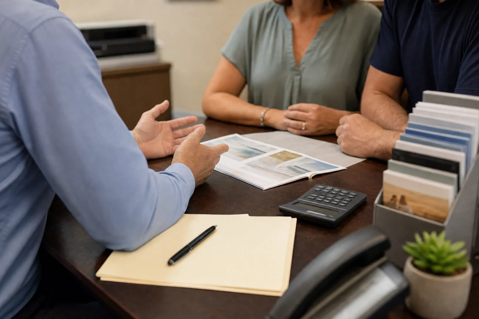 Over-the-shoulder view of an agent in a blue shirt gesturing across a desk to a couple, with an open brochure, calculator, folder, pen, phone and small succulent